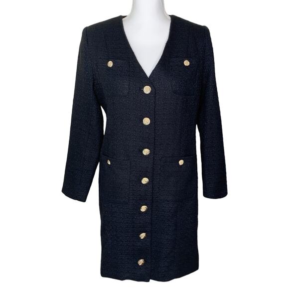 Tuckernuck Pomander Place Black Tweed Keira Gold Button Front V-Neck Mini Dress - Picture 2 of 8